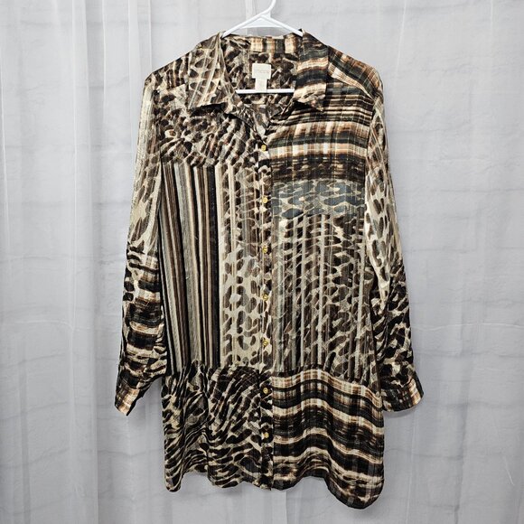 Chico's Brown Button Down Leopard Tunic Metallic Sheer Mobwife 2 (L) - Picture 8 of 12